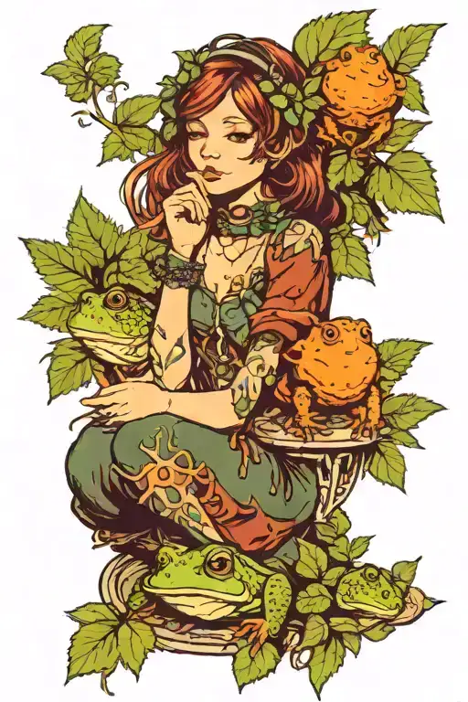 nettle with leaves, on one leaf sits a girl with a ring, on the other a toad with a loaf tattoo design idea