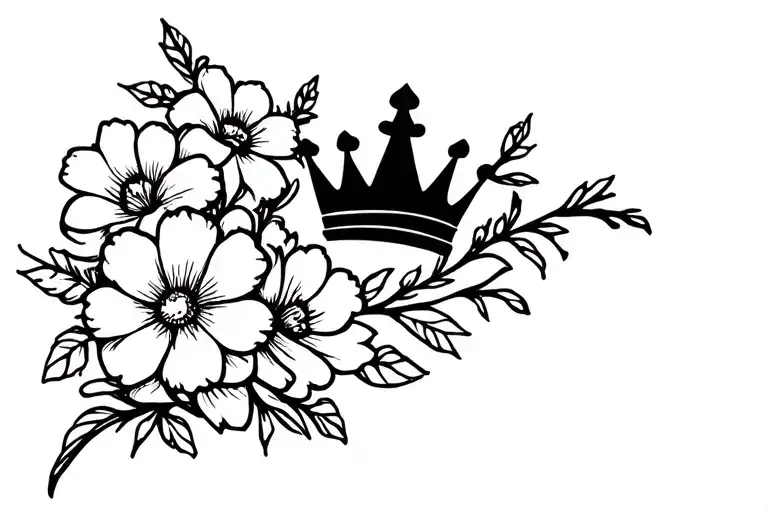 flowers with small king crown in the middle tattoo design idea
