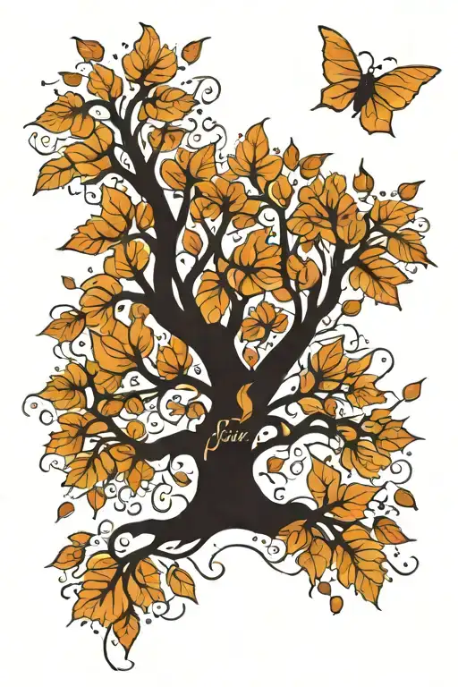 family tree with falling leaves as names incorporated tattoo design idea