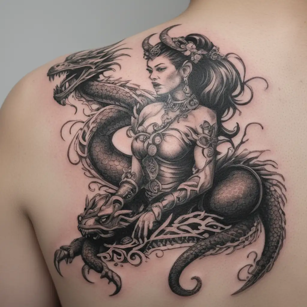 goddess Freya wrapped in chinese dragon with scorpions and minnie mouse in the background tattoo design idea