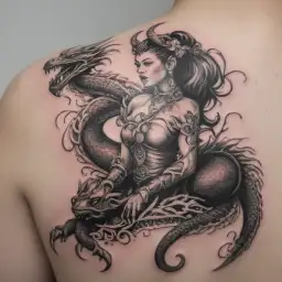 goddess Freya wrapped in chinese dragon with scorpions and minnie mouse in the background tattoo design idea