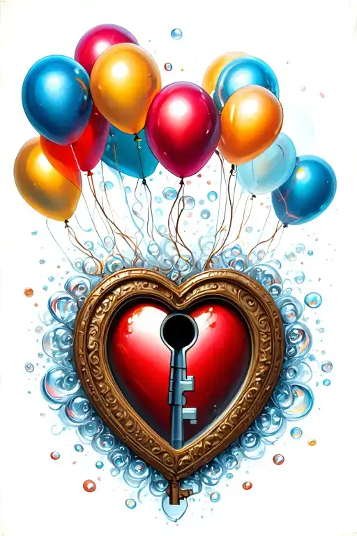 bubble heart, recessed door, has a keyhole. an intricate key, strings, four balloons of Jeffrey, Jeremy, Alicia, Samuel  tattoo design idea