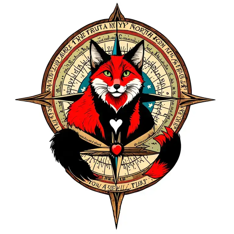 fancy compass rose, you are my true north around it, heart on top north arrow, red fox a black cat tattoo design idea