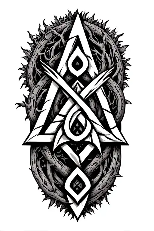 Viking style valknut symbol intertwined. YGGDRASIL intertwined in the background tattoo design idea