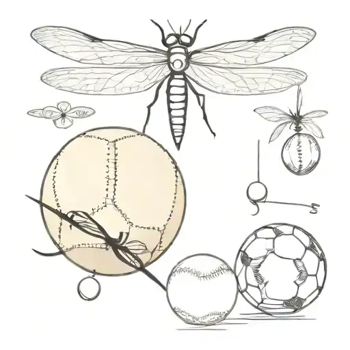 a dragon fly a baseball a soccer ball a pearl tattoo design idea
