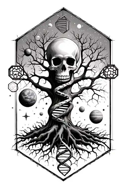 tree of life intertwined with DNA double helix set among hexagons with a skull, stars and planets tattoo design idea