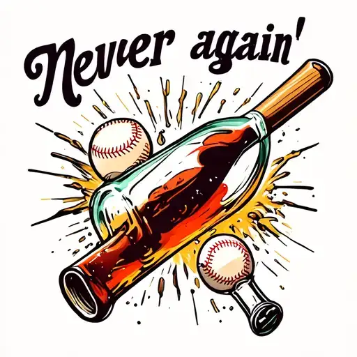 "Never again" Baseball Bat smashing a bottle of booze tattoo design idea