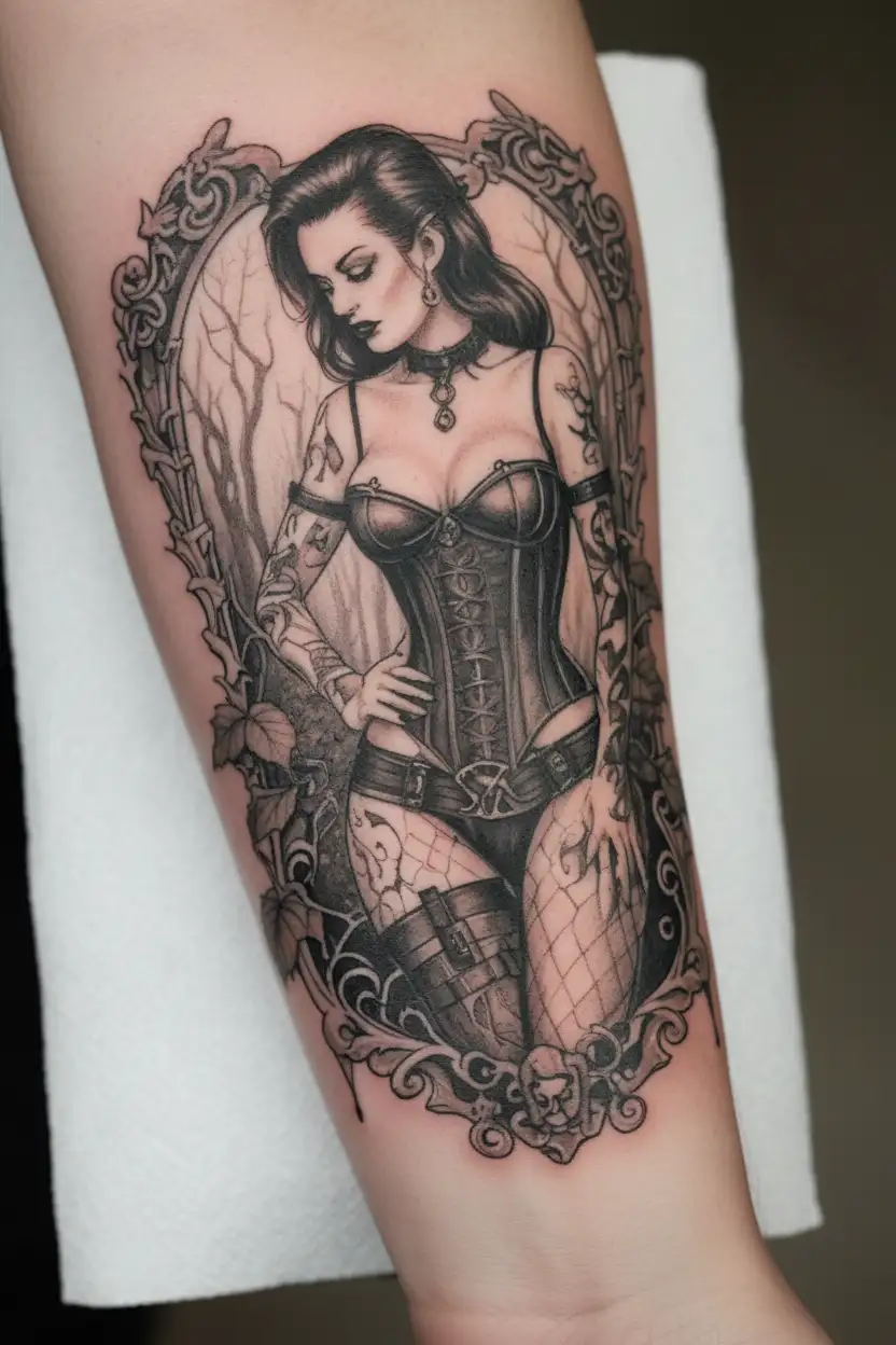 realistic scene in woods of a sexy gothic pinup girl waering corset and fishnets  male vampire bitting her neck tattoo design idea