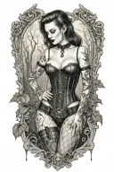 realistic scene in woods of a sexy gothic pinup girl waering corset and fishnets  male vampire bitting her neck tattoo design idea