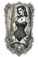 realistic scene in woods of a sexy gothic pinup girl waering corset and fishnets  male vampire bitting her neck tattoo design idea