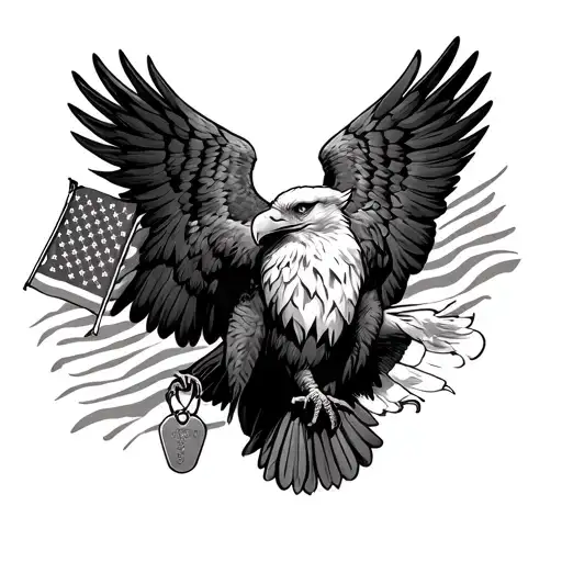 Bald eagle wings spread wide holding an american flag and dog tags tattoo design idea