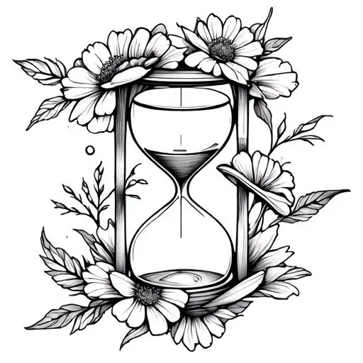 hourglass wrapped in flowers. Black and white tattoo design idea