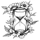 hourglass wrapped in flowers. Black and white tattoo design idea