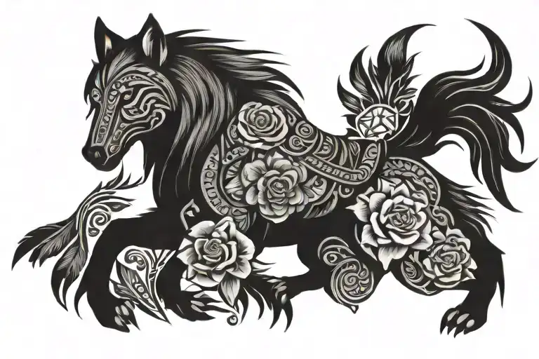 wolf eagle horse native woman rebel rose tribal  tattoo design idea