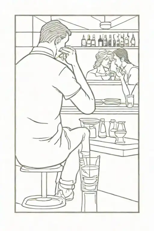 sad man drinking alone in a bar, and sadly watching a woman dancing tattoo design idea