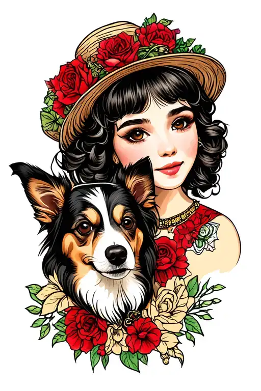girl and her dog in old school style tattoo tattoo design idea