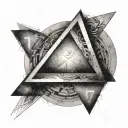 A triangle with light and shadow details, enclosed in a circle, with numbers like 111, 777, 555 subtly arranged i tattoo design idea