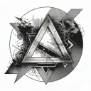 A triangle with light and shadow details, enclosed in a circle, with numbers like 111, 777, 555 subtly arranged i tattoo design idea