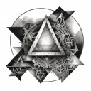 A triangle with light and shadow details, enclosed in a circle, with numbers like 111, 777, 555 subtly arranged i tattoo design idea