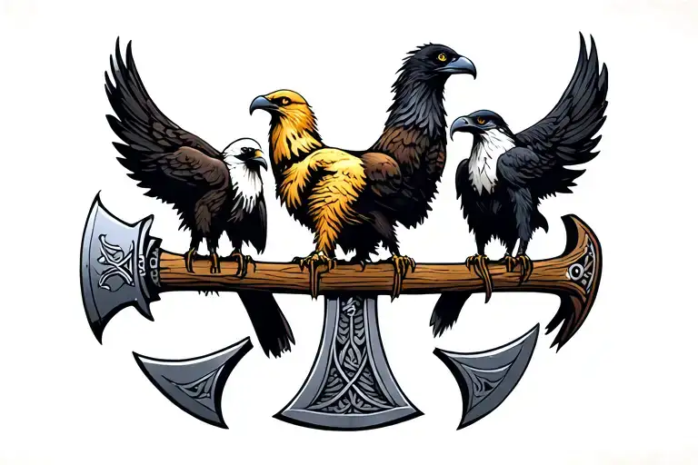 three birds sitting on horizontal viking axe. Birds are golden eagle, bald eagle, raven. Nordic tattoo design idea