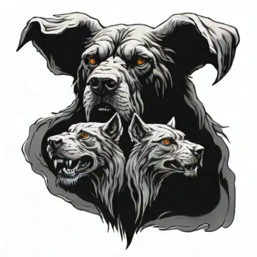 i want a rectangular tattoo design with the cerberus and each of its 3 tangible heads symbolizing omerta in style tattoo design idea