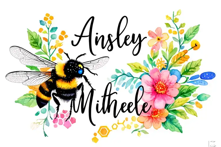 Ainsley Michelle in a feminine font with an accent bumble bee and dragonfly, colorful flowers and a small honeycomb tattoo design idea