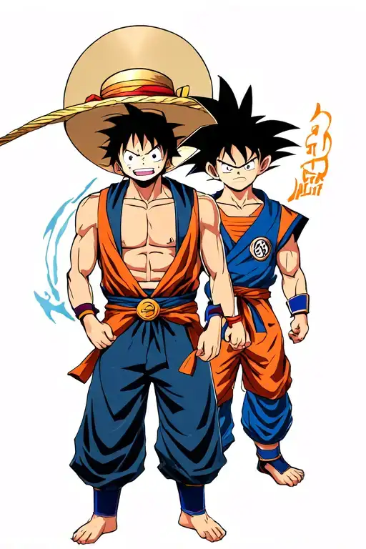 An epic manga/anime-style illustration showing Monkey D. Luffy from One Piece and Son Goku from Dragon Ball Z  tattoo design idea