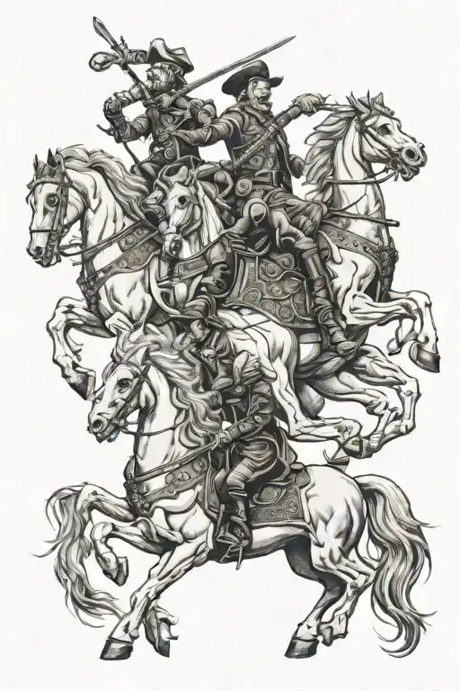 4 horsmen of death riding on skeleton horses one by one in a light from up down in realism tattoo design idea