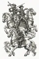 4 horsmen of death riding on skeleton horses one by one in a light from up down in realism tattoo design idea