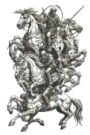 4 horsmen of death riding on skeleton horses one by one in a light from up down in realism tattoo design idea