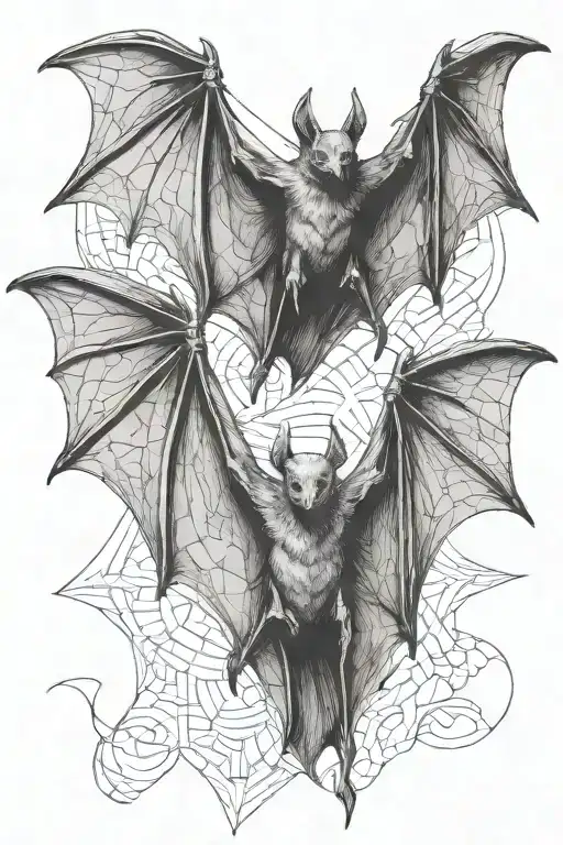 drawing of two bats flying with their wings open in different positions, the image must have extreme quality in detail tattoo design idea