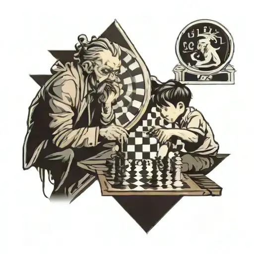 Father and son playing chess, a spiral clock in the background, the stairs leading to the center of the clock tattoo design idea