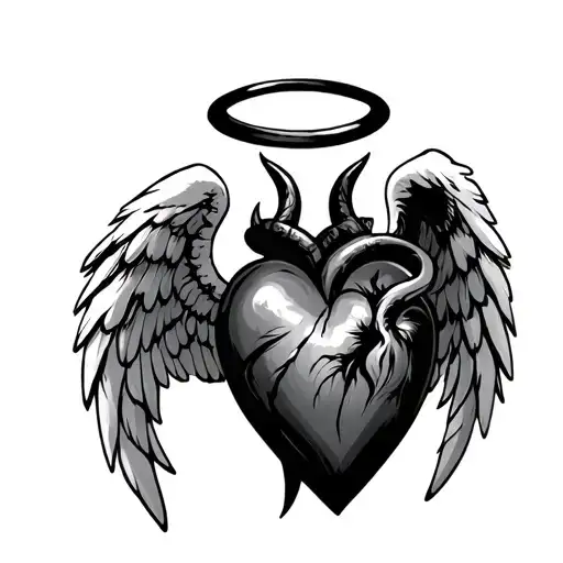 black heart with one angel wing one devil wing a halo with devil horns. tattoo design idea