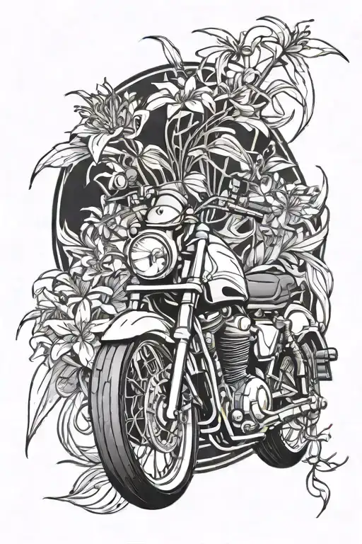 A motorcycle surrounded by red spider lily flowers. tattoo design idea