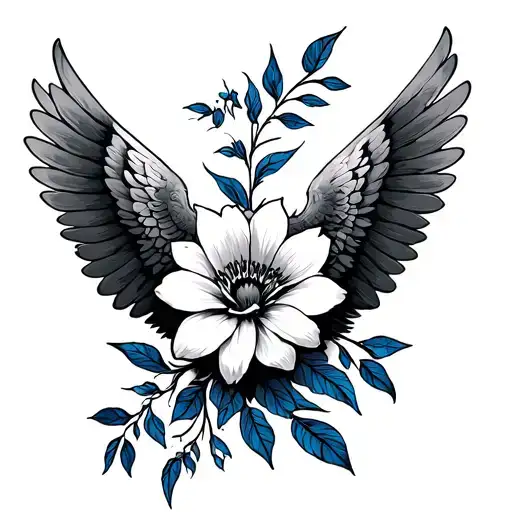 Flower Sleeve Black And Grey With Some Blue Line Work Here And There And hawk Wings Tattoo tattoo design idea
