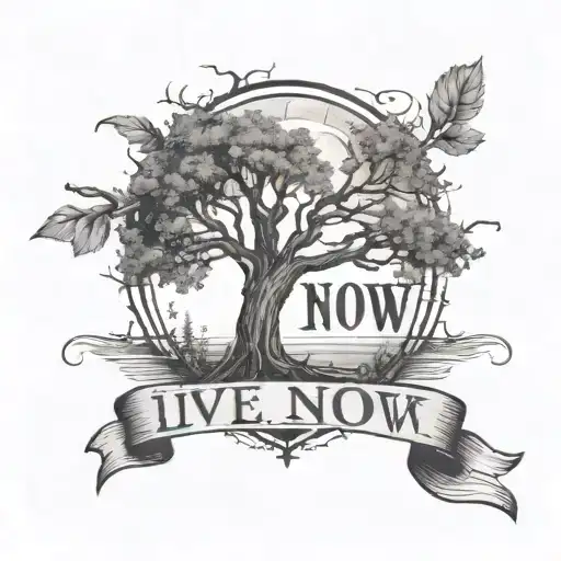 Half dead tree with foliage one one side, in front of a moon and a banner around it with the words "Live:Right: Now" tattoo design idea