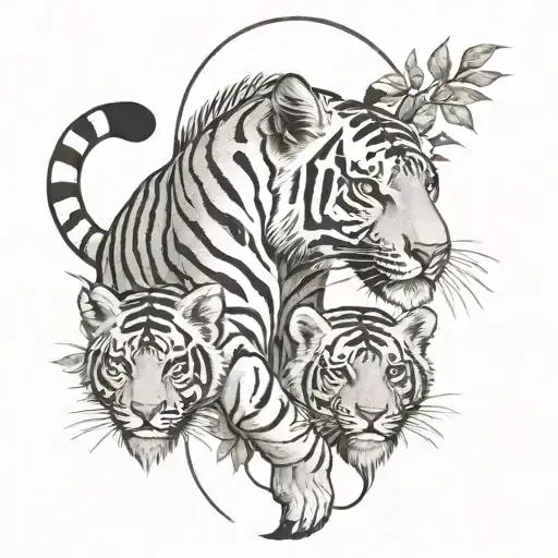 Tigress with two lion cubs in nature full-length on a hunt black and white on a girl's forearm tattoo design idea