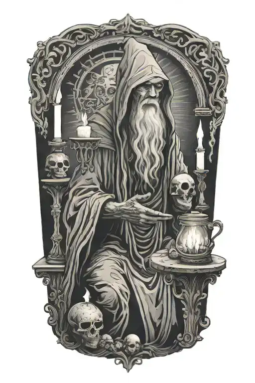 Hermit looking forwards performing a ritual, candles, altar, skulls tattoo design idea