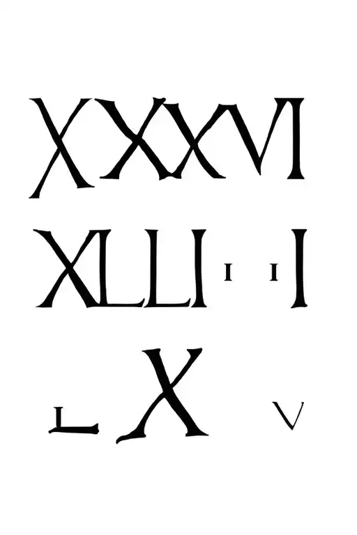 Create a tattoo design featuring the Roman numerals “XXXVI · XLIII · LXIV”, written from left to right in one single hor tattoo design idea