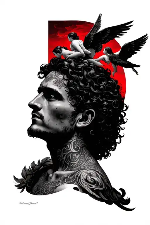 Normal man with angels watching over him while he's looking to the red sky tattoo design idea