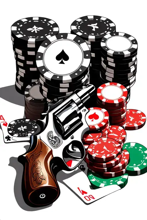poker chips and cards on a table with revolver gun tattoo design idea