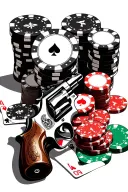 poker chips and cards on a table with revolver gun tattoo design idea