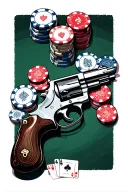 poker chips and cards on a table with revolver gun tattoo design idea