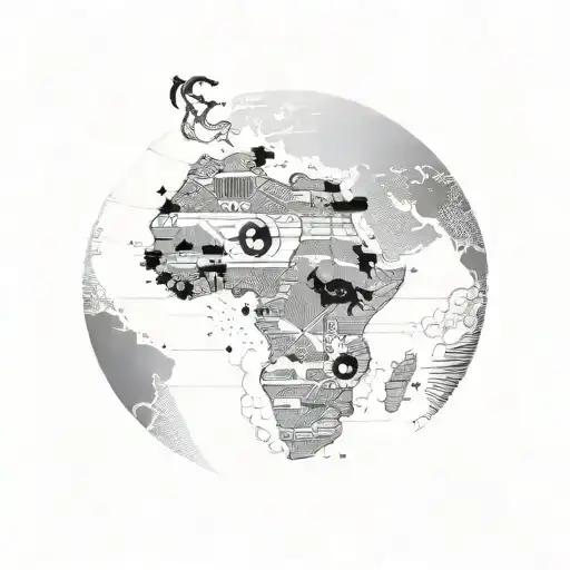 Africa map, with samuria and lion in side the map with a sun tattoo design idea