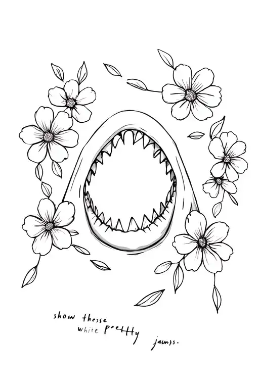 Shark bone jaw opening with simple flowers around it but the petals falling off "show me those pretty white jaws"  tattoo design idea