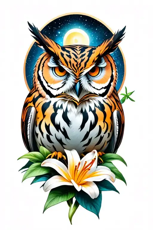 owl and tiger lily and celestial themed tattoo tattoo design idea
