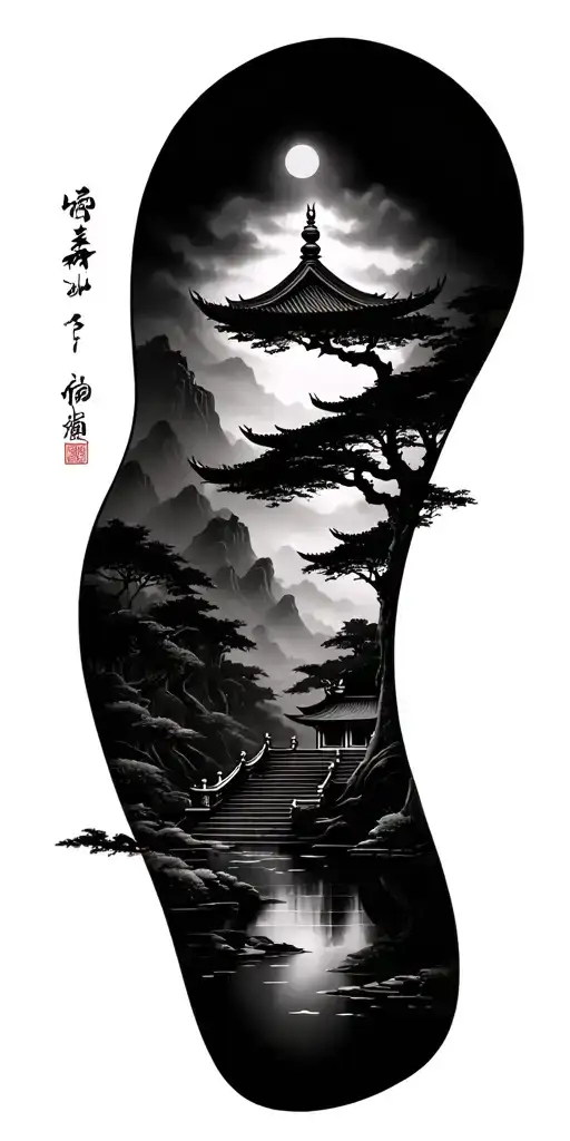 ancient Chinese temple, misty forest, black and grey tattoo style, detailed linework, peaceful atmosph tattoo design idea