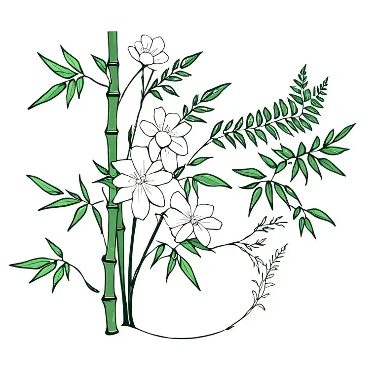 intertwined bamboo, ferns and white flowers tattoo design idea