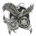 colorful Phoenix spreading wings in cosmic space backround with wheel of samsara  tattoo design idea