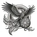 colorful Phoenix spreading wings in cosmic space backround with wheel of samsara  tattoo design idea